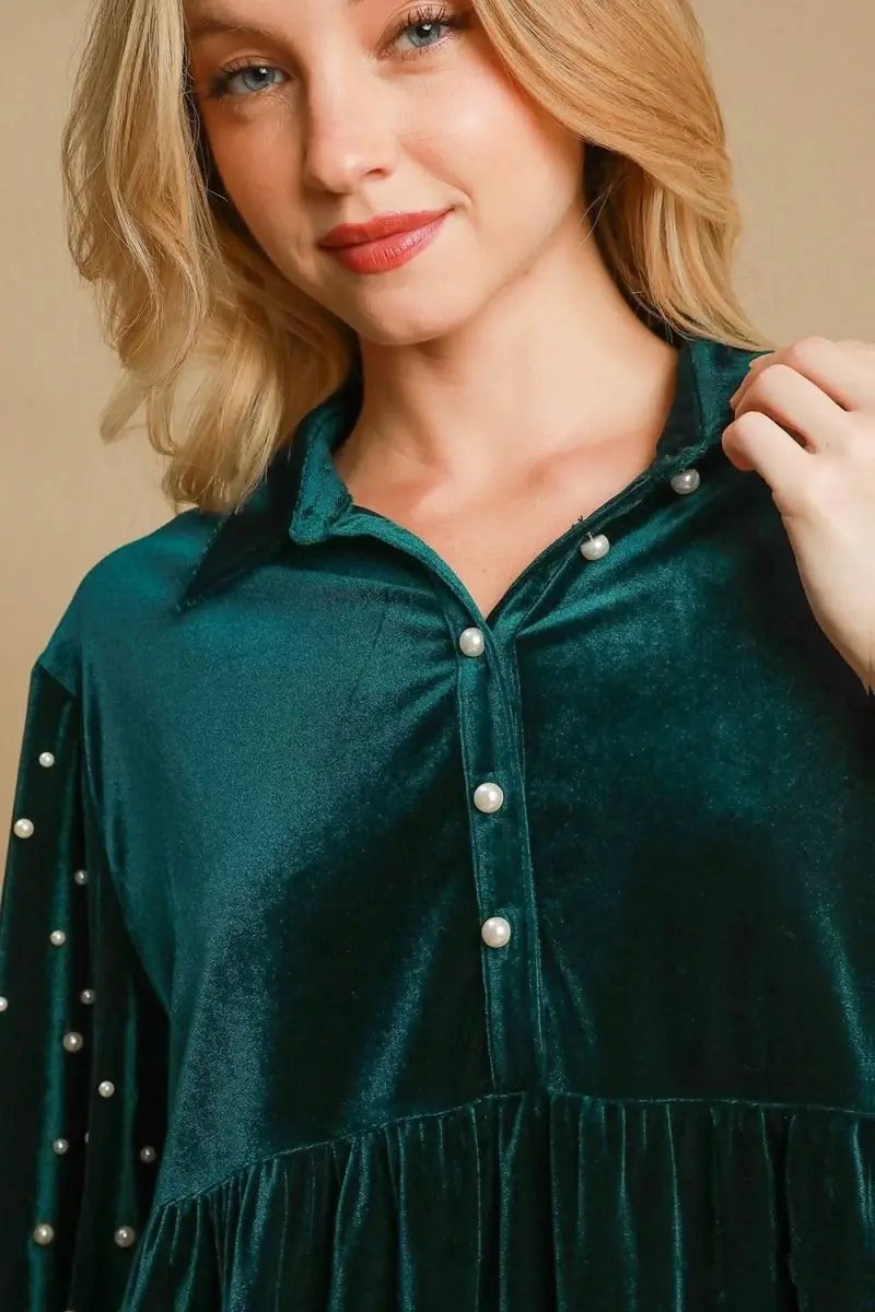Elegant Velvet Babydoll Blouse with Pearl Accents and Half Sleeves - Love Salve